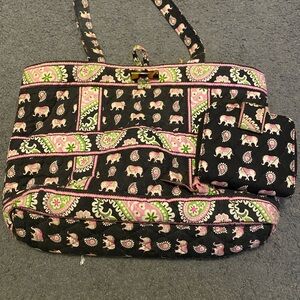 Vera Bradley Black and Pink Elephant Tote with wallet